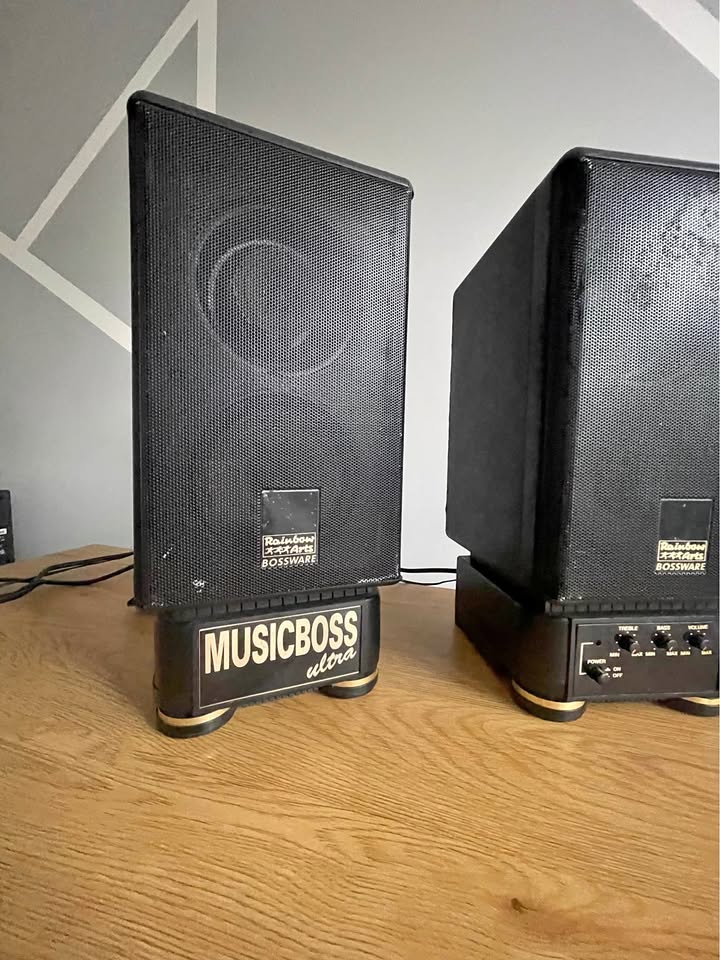 Vintage 1990s Active Stereo Speakers – Rare Collector’s Item, Gold‑Accented Finish